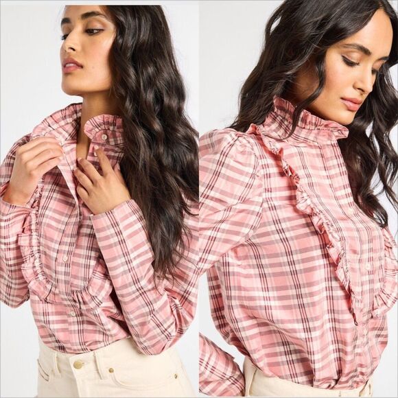 Mille Jolie Top Size Medium NWOT Sugarplum Plaid Bib Front Ruffle Trim - Picture 1 of 7